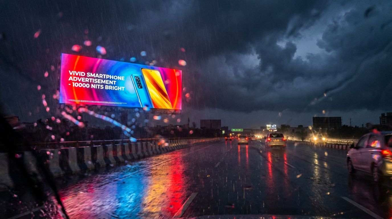 Outdoor LED billboard in monsoon rain India